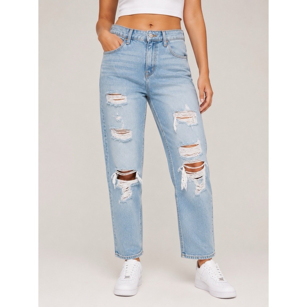 Hollister Ultra High Rise Mom Jeans W32 L27 Distressed Ripped Light Wash 15R